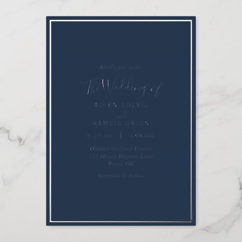 Elegant Modern Navy Silver Wedding Foil Invitation
