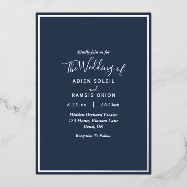 Elegant Modern Navy Silver Wedding Foil Invitation (Front)