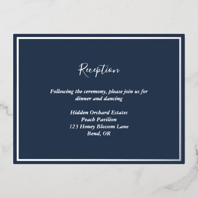 Elegant Modern Navy Silver Wedding Reception Card (Front)