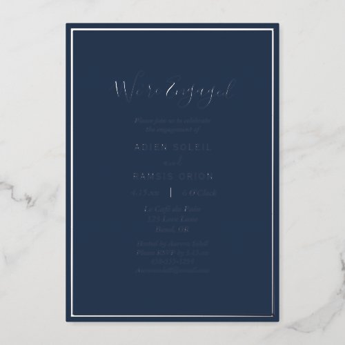 Elegant Modern Navy Silver Were Engaged Party Foil Invitation