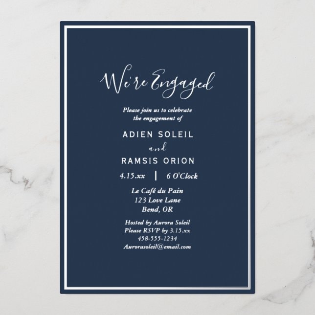 Elegant Modern Navy Silver We're Engaged Party Foil Invitation (Front)