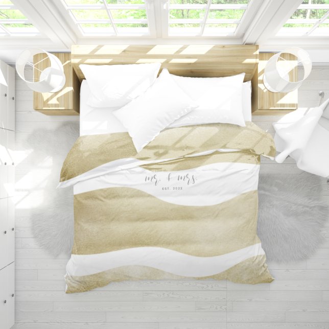 Elegant Modern Ocean Gold Stripes Mr. Mrs. Wedding Duvet Cover (Creator Uploaded)