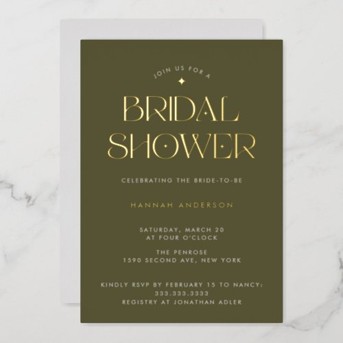 Elegant Modern Olive Green Gold Star Bridal Shower Foil Invitation