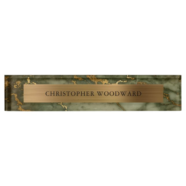Elegant Modern Olive Green Marble Brushed Gold Desk Name Plate (Front)