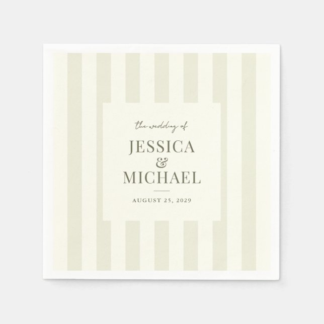 Elegant Modern Olive Green Striped Wedding Napkins (Front)
