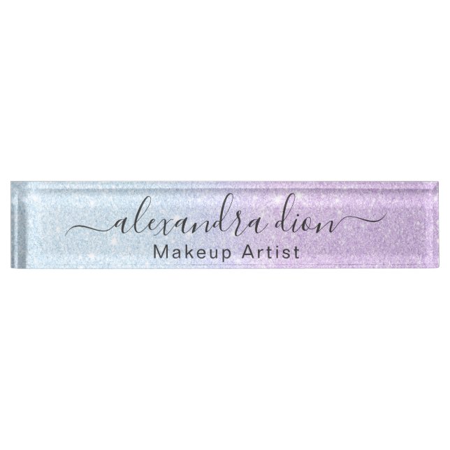 Elegant Modern ombre blue & purple glitter Desk Name Plate (Front)