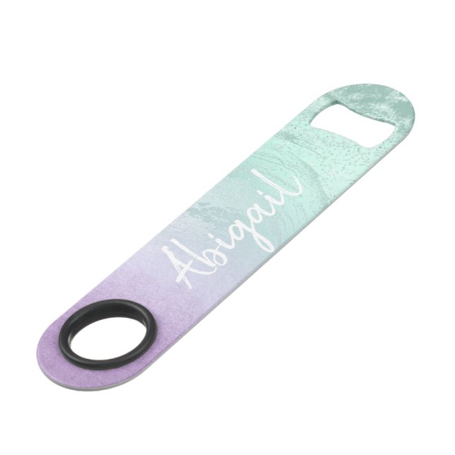 Elegant modern ombre purple & mint glitter marble bar key (Front Angled)