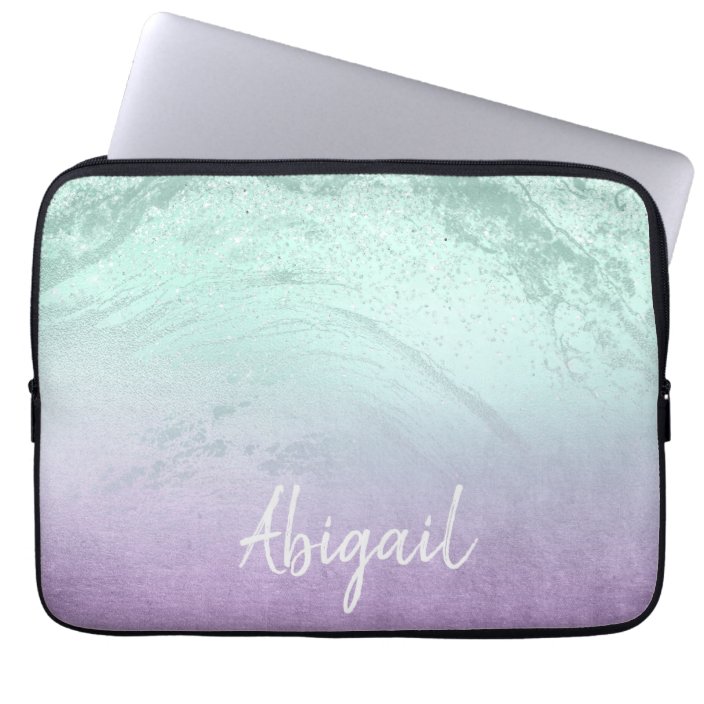 Elegant modern ombre purple & mint glitter marble laptop sleeve