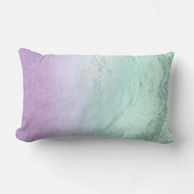 Elegant modern ombre purple & mint glitter marble lumbar pillow (Front)