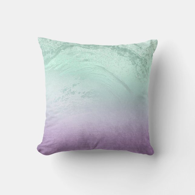 Elegant modern ombre purple & mint glitter marble throw pillow (Front)