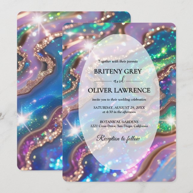 Elegant Modern opal stone and glitter weeding Invitation (Front/Back)