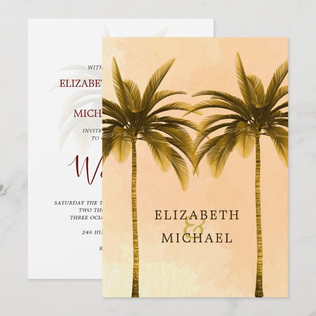 Elegant Modern Orange Palm Tropical Wedding Invitation (Front/Back)