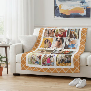 Elegant Modern Orange Plaid 10 Photo Personalized Fleece Blanket