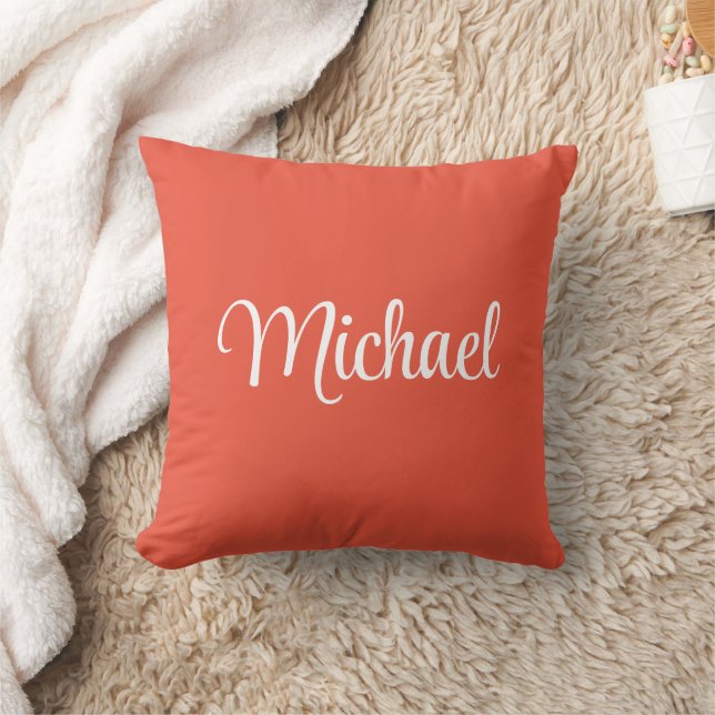 Elegant Modern Orange Red Replace Your Own Name Throw Pillow (Blanket)
