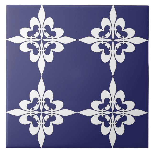 Elegant, modern, ornamental, navy blue, white ceramic tile (Front)