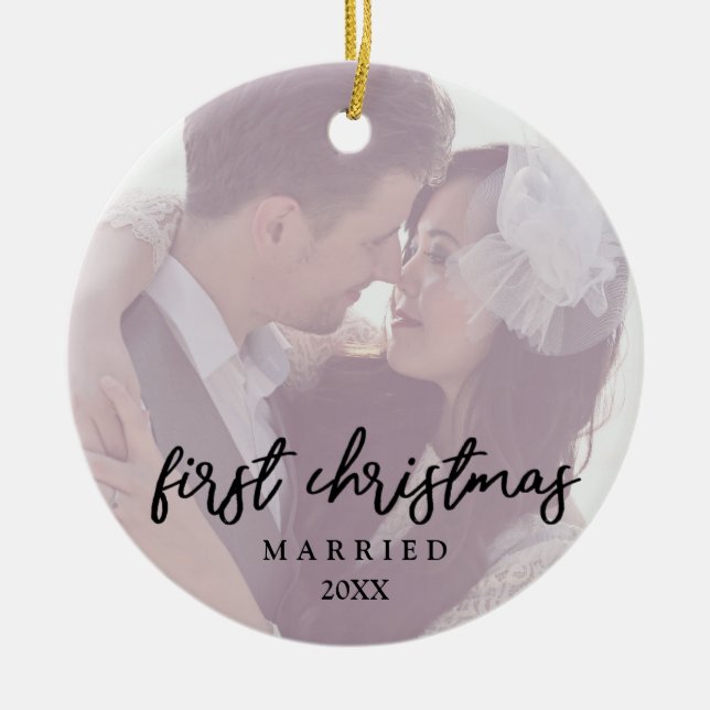 Elegant modern our first Christmas married photo Ceramic Ornament (Front)