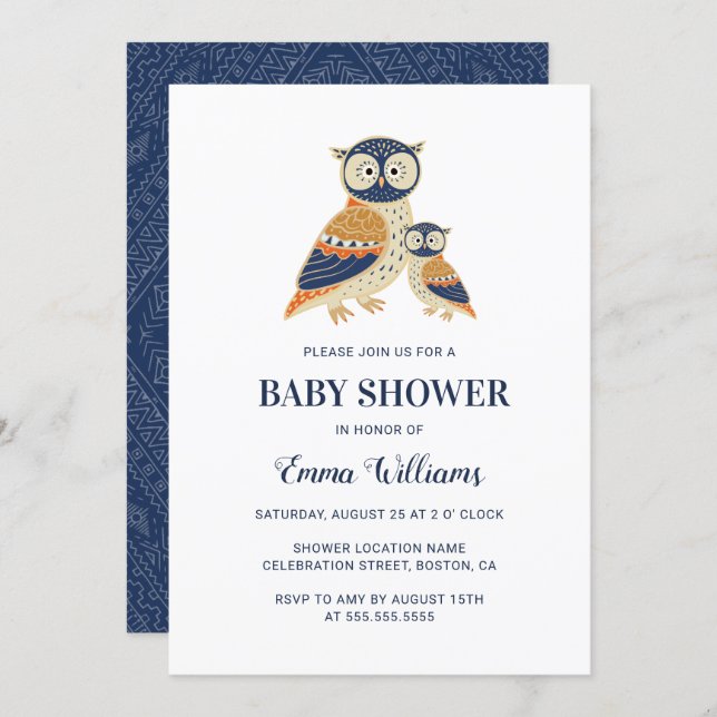 Elegant Modern Owl Baby Shower Invitation - Tribal (Front/Back)