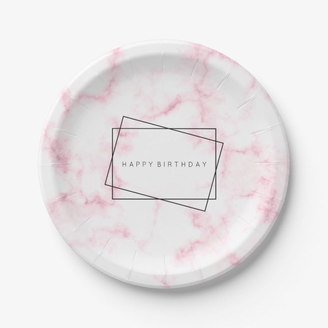elegant modern pastel pink and white faux marble paper plates (Front)