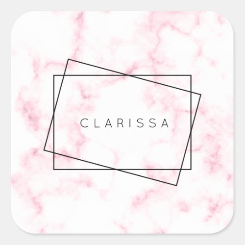 elegant modern pastel pink and white faux marble square sticker