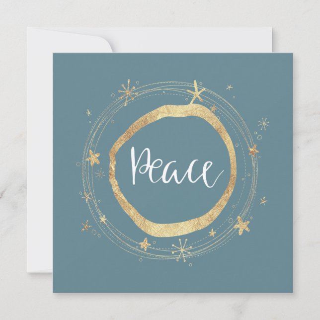 Elegant Modern Peace Ice Blue Gold Star Holiday Card (Front)