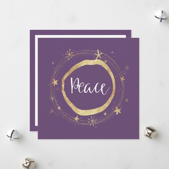 Elegant Modern Peace Purple Gold Star Holiday Card (Front/Back In Situ)
