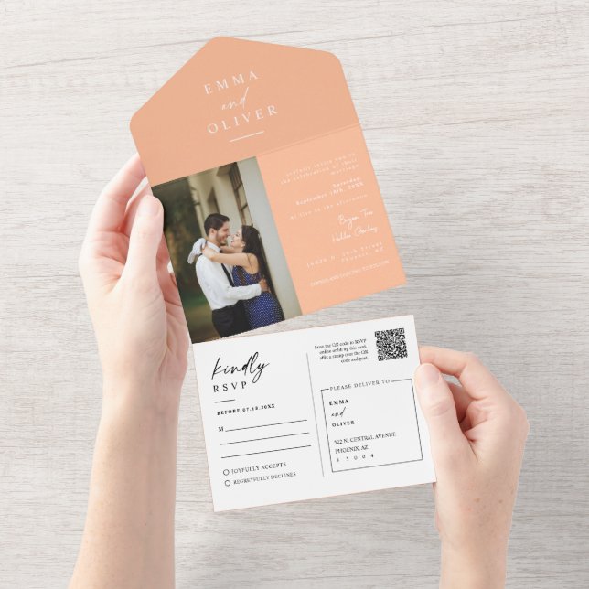 Elegant Modern Peach Boho QR Code Photo RSVP All In One Invitation (Tearaway)