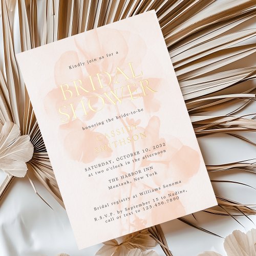 Elegant Modern Peach Pastel Bridal Shower Gold Foil Invitation