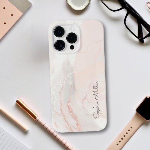 Elegant Modern Pearl Marble Blush Pink With Name Case_Mate iPhone 14 Pro Max Case