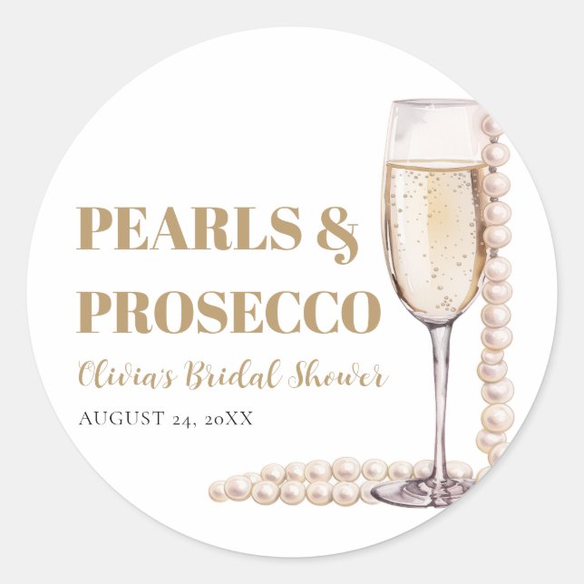 Elegant Modern Pearls and Prosecco Bridal Shower Classic Round Sticker (Front)