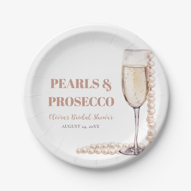Elegant Modern Pearls and Prosecco Bridal Shower Paper Plates (Front)