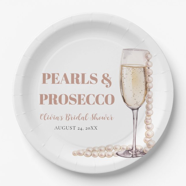 Elegant Modern Pearls and Prosecco Bridal Shower Paper Plates (Front)