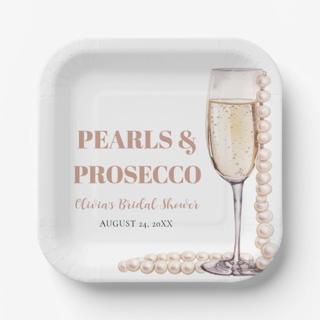 Elegant Modern Pearls and Prosecco Bridal Shower Paper Plates (Front)