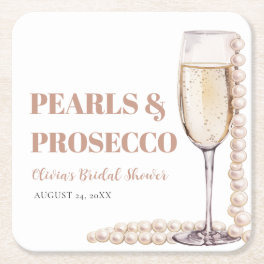 Elegant Modern Pearls and Prosecco Bridal Shower Square Paper Coaster