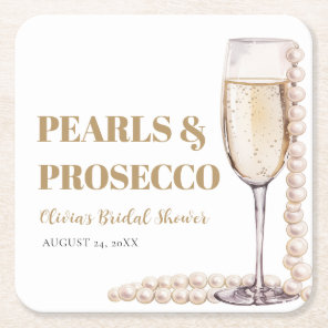Elegant Modern Pearls and Prosecco Bridal Shower Square Paper Coaster