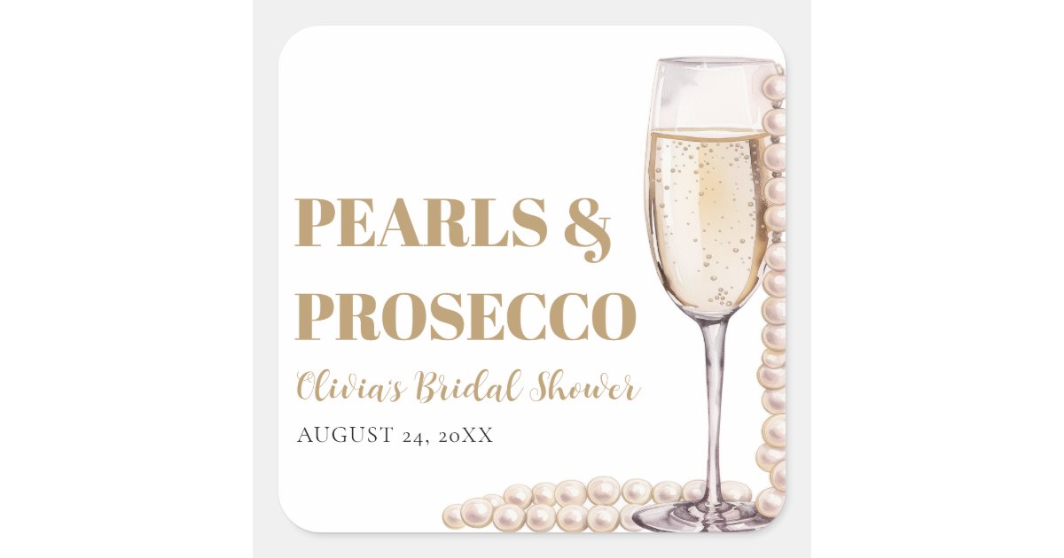 Elegant Modern Pearls and Prosecco Bridal Shower Square Sticker | Zazzle