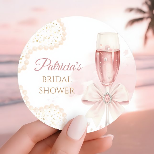 Elegant Modern Pearls & Prosecco Bridal Shower Classic Round Sticker (Creator Uploaded)