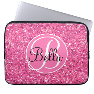 Elegant modern personalize pink sparkling glitter  laptop sleeve