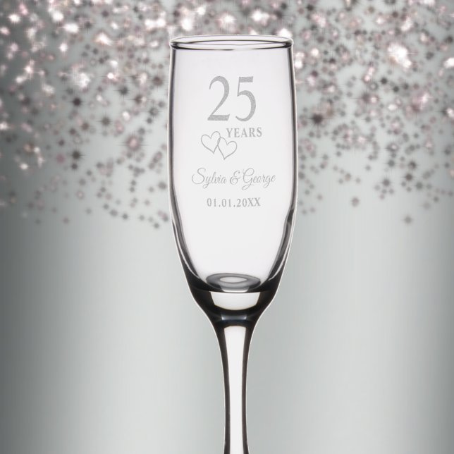 Elegant Modern Personalized 25th Anniversary Gift Champagne Flute (Add the couple’s names and 25th wedding anniversary date for elegant custom etched keepsake glass
)