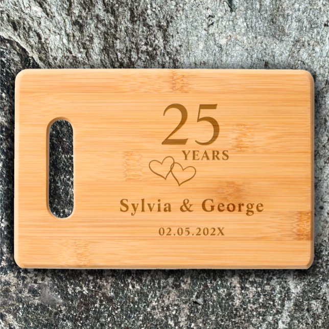 Elegant Modern Personalized 25th Anniversary Gift Engraved Cutting Board (Add couple’s names and date for etched cutting board personalized 25th anniversary gift keepsake)