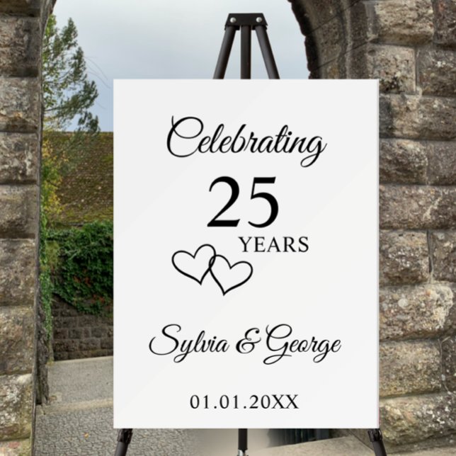 Elegant Modern Personalized 25th Anniversary Party Foam Board (Personalize this anniversary sign template with couple’s names. Elegant simple custom script.)