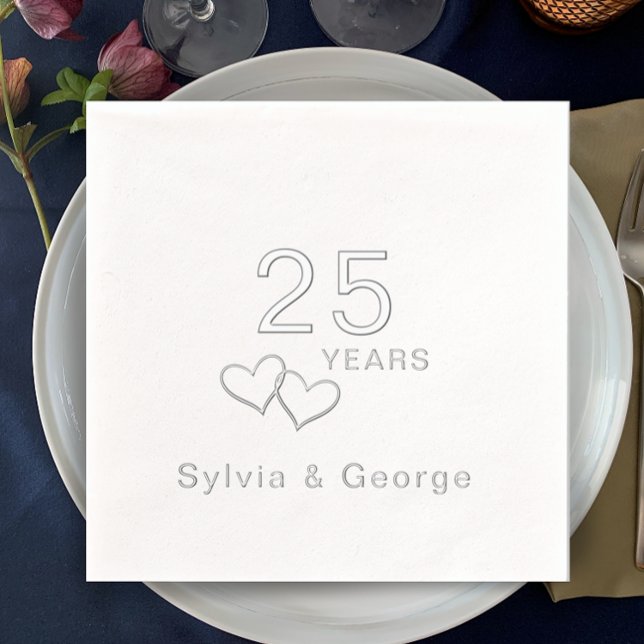 Elegant Modern Personalized 25th Anniversary Party Foil Napkins (Add couple’s names for elegant real foil personalized 25th anniversary party napkins. Simple stylish)