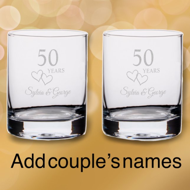 Elegant Modern Personalized 50th Anniversary Gift Rocks Glass (Custom etched glass with couple’s names and hearts 50th wedding anniversary gift glass
)