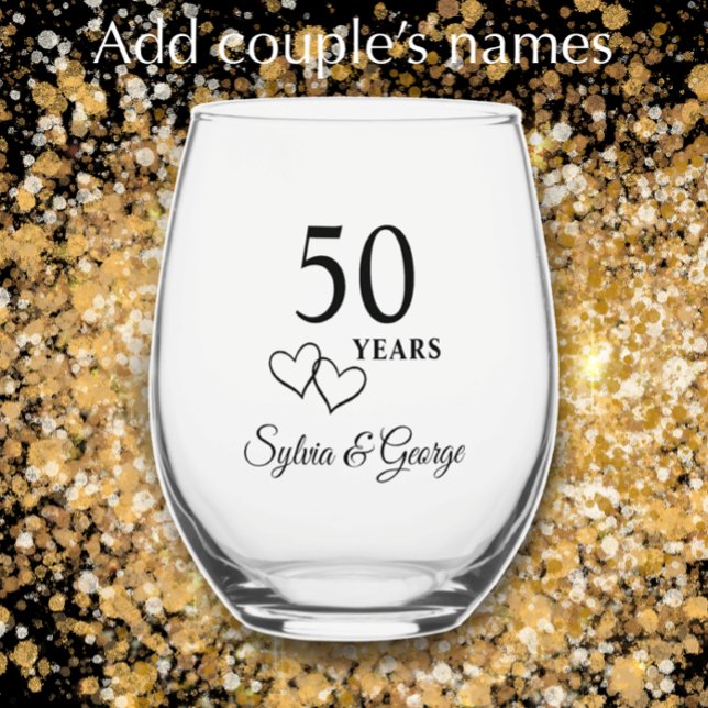 Elegant Modern Personalized 50th Anniversary Gift Stemless Wine Glass (Add couple’s names for personalized 50th anniversary commemorative glass. Elegant gift glass.
)