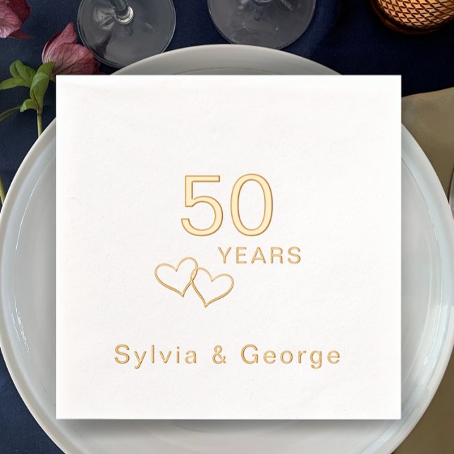 Elegant Modern Personalized 50th Anniversary Party Foil Napkins (Add couple’s names for a personalized real gold foil 50th anniversary party napkins. Stylish hearts.)