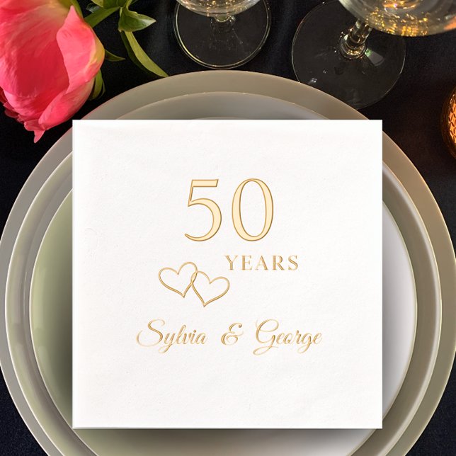 Elegant Modern Personalized 50th Anniversary Party Foil Napkins (Add couple’s names for a personalized gold foil 50th anniversary party napkin. Simple elegant hearts)