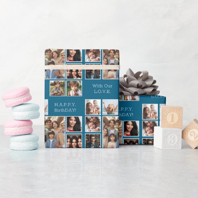 Elegant, Modern Personalized 9-Photo Birthday Blue Wrapping Paper (Baby Shower)