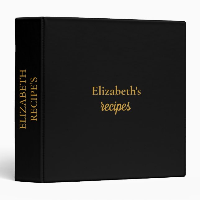 Elegant Modern Personalized Black Gold Recipes  3 Ring Binder (Front/Spine)
