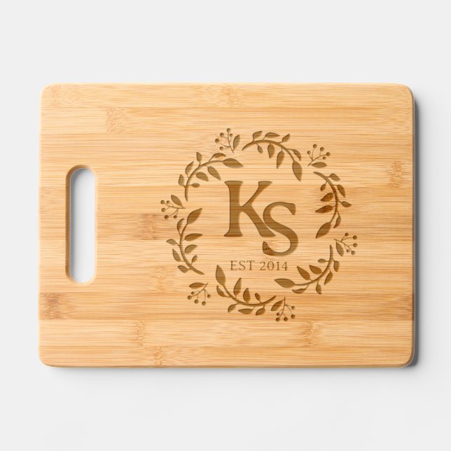 Elegant Modern Personalized Floral monogram etched Engraved Cutting Board (Front)