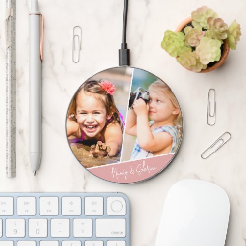 Elegant modern personalized name photo wireless charger 