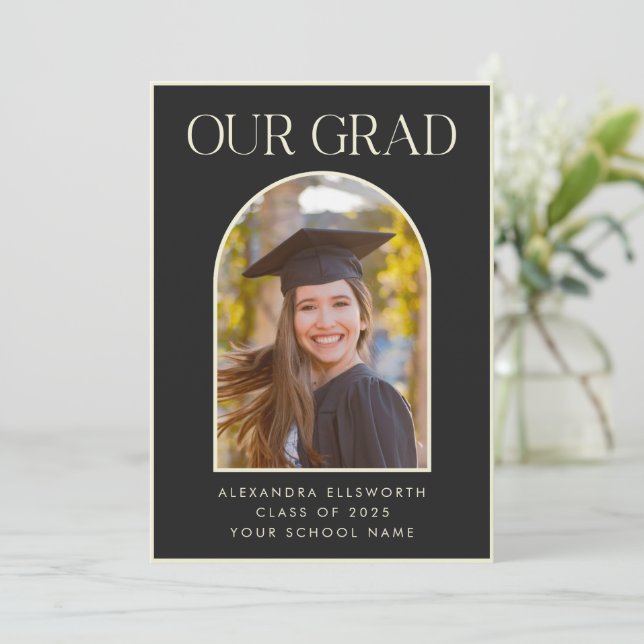 Elegant Modern Photo Black Arch Graduation  Announcement (Standing Front)